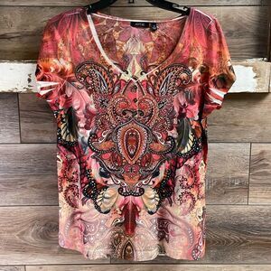 Apt 9 Ladies Short Sleeve Beaded Top, Size Medium , Rust Multicolor Paisley